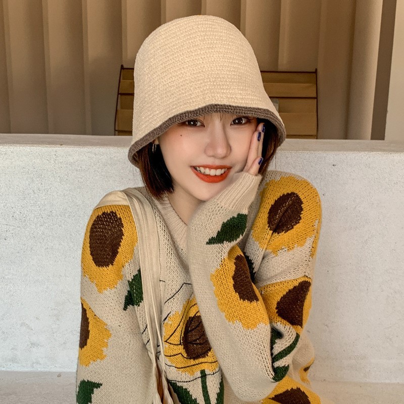 帽子 レディース 編み込み風配色縁取りバケット型帽子