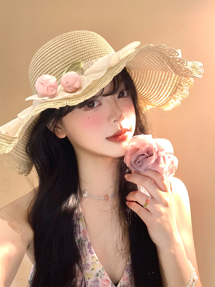 帽子 レディース 花モチーフつき　波縁麦わら帽子