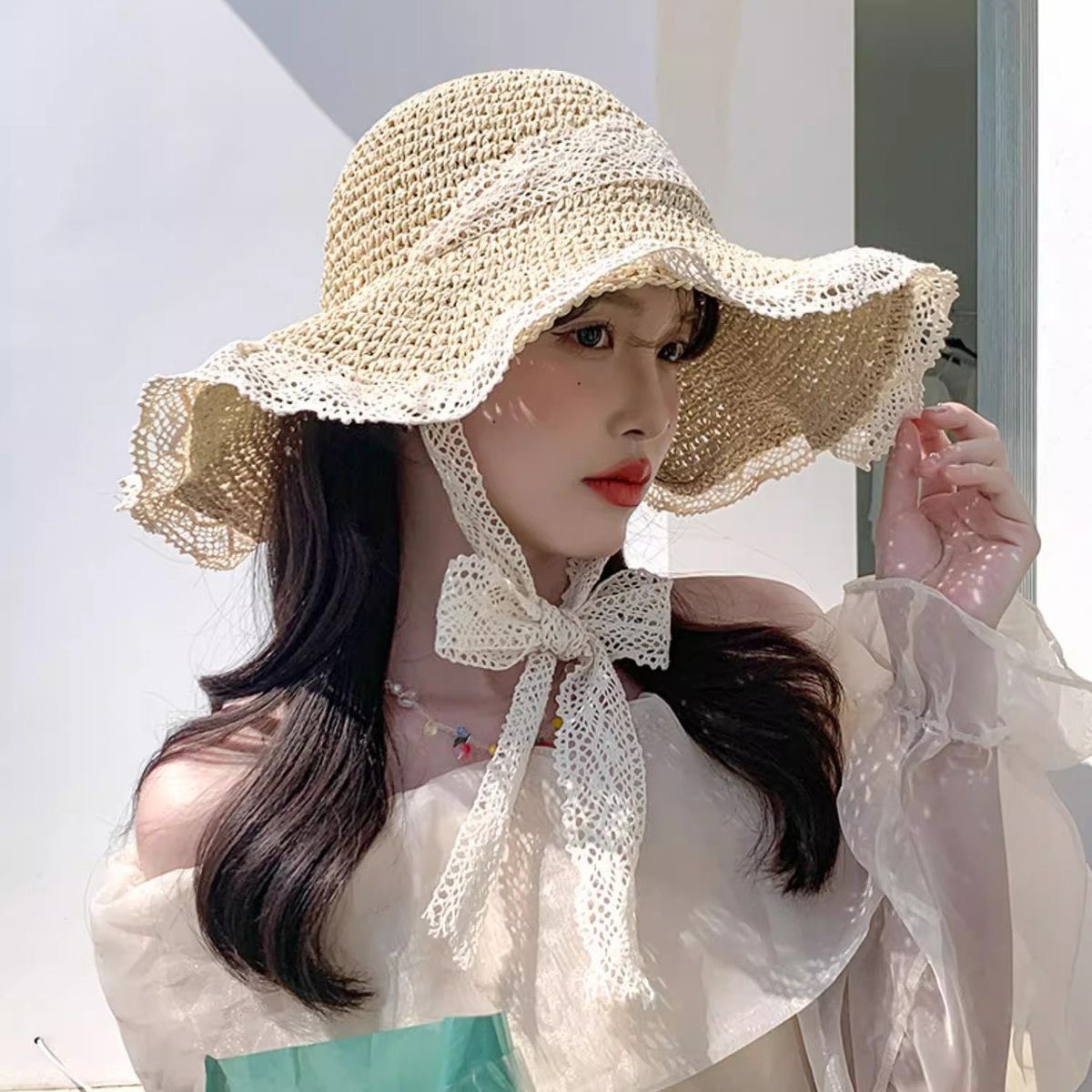 帽子 レディース 優雅　リボン麦わら帽