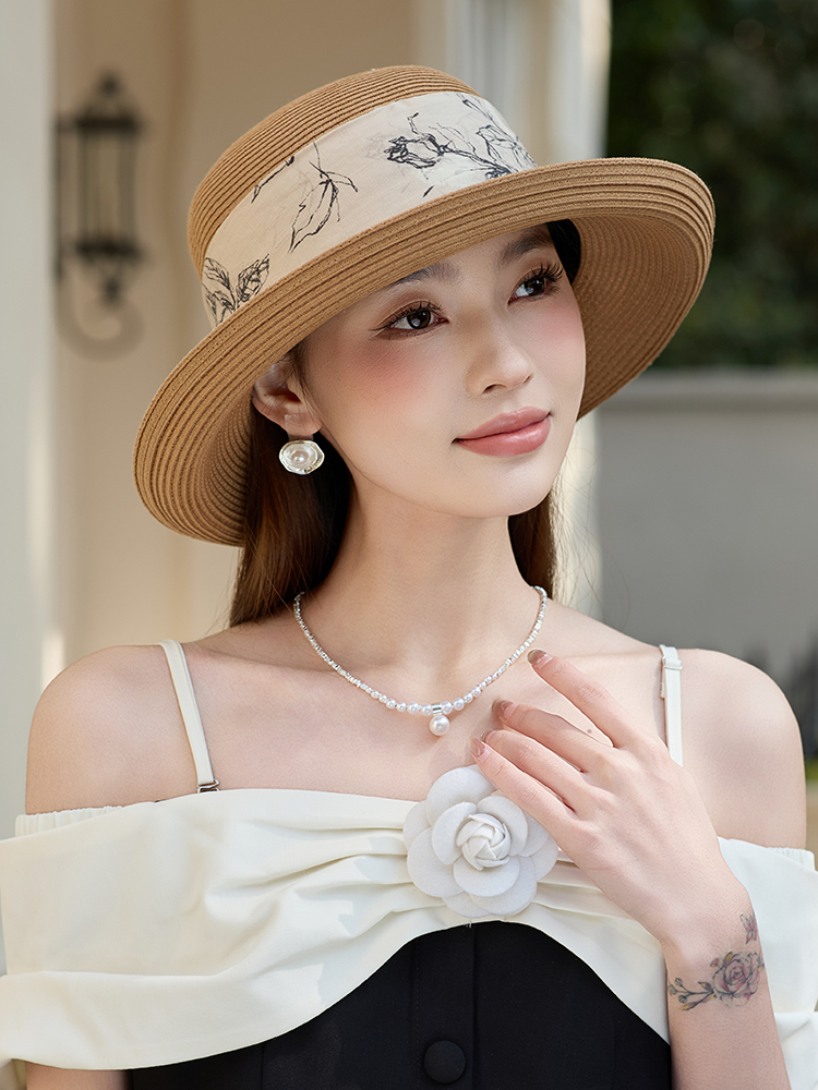 帽子 レディース 花模様リボン付き麦わら帽子