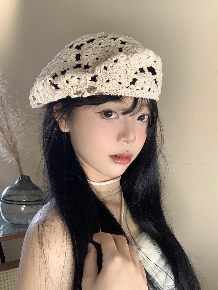 帽子 レディース かぎ針編みフラワーベレー帽