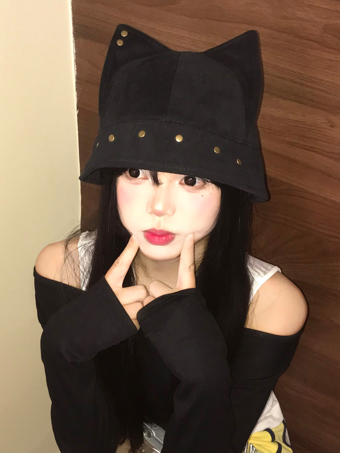 帽子 レディース 猫耳スタッズ装飾バケットハット