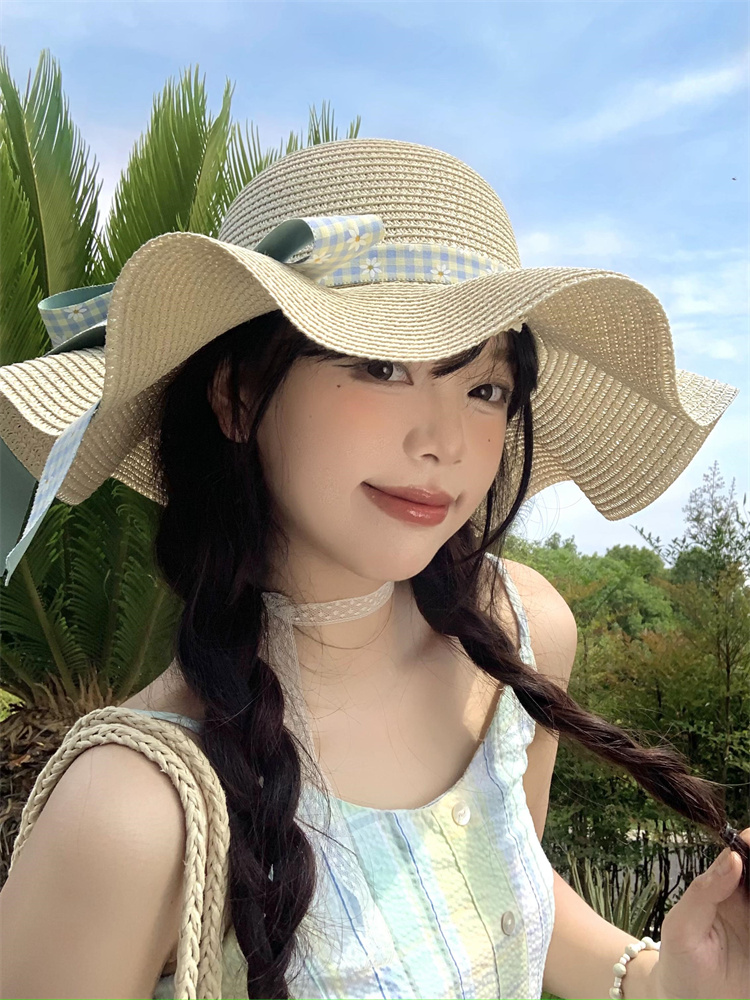 帽子 レディース ふんわり波型つば リボン麦わら帽子