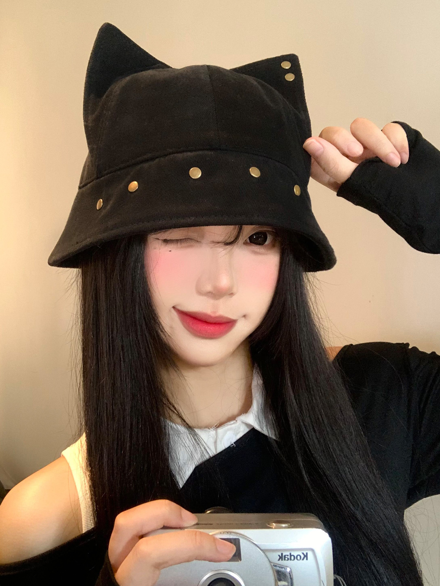 帽子 レディース 猫耳スタッズ装飾バケットハット