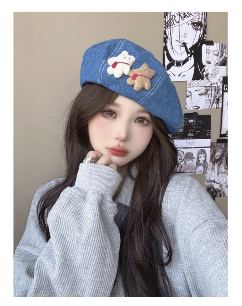 帽子 レディース くまちゃん飾り付きデニムベレー帽