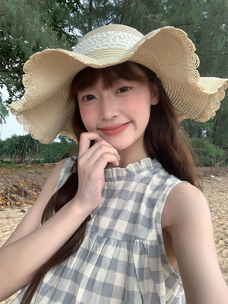 帽子 レディース 波型フリル麦わら帽子