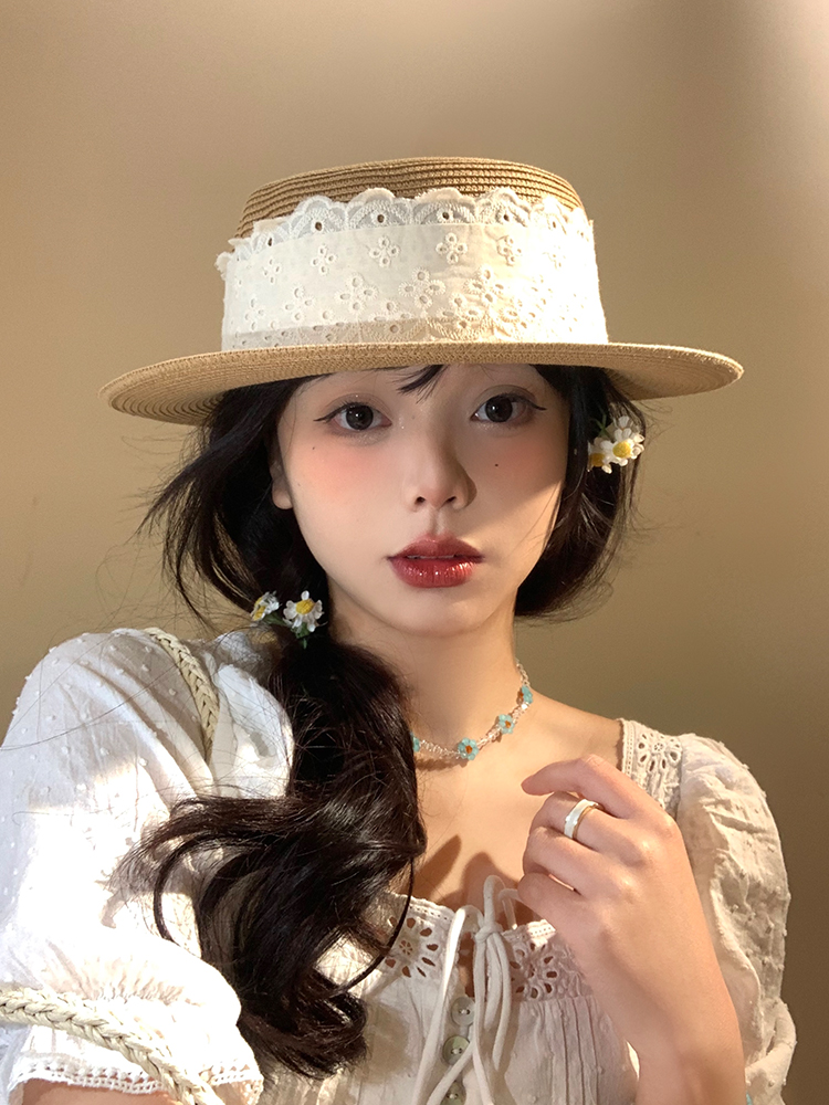 帽子 レディース 花レース飾り　麦わらカンカン帽