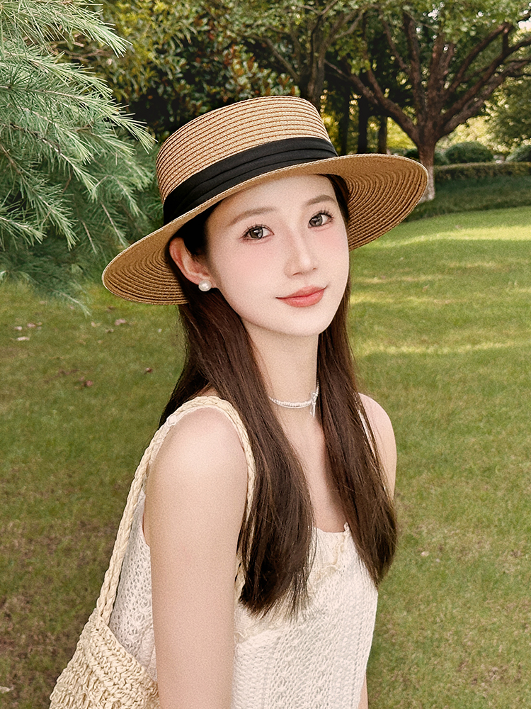 帽子 レディース 平たいつば リボン付き カンカン帽