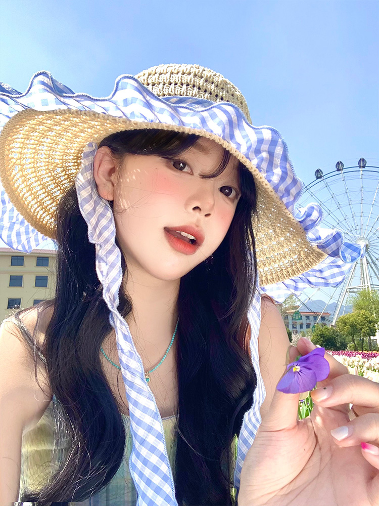帽子 レディース フリルリボン付き麦わら帽子