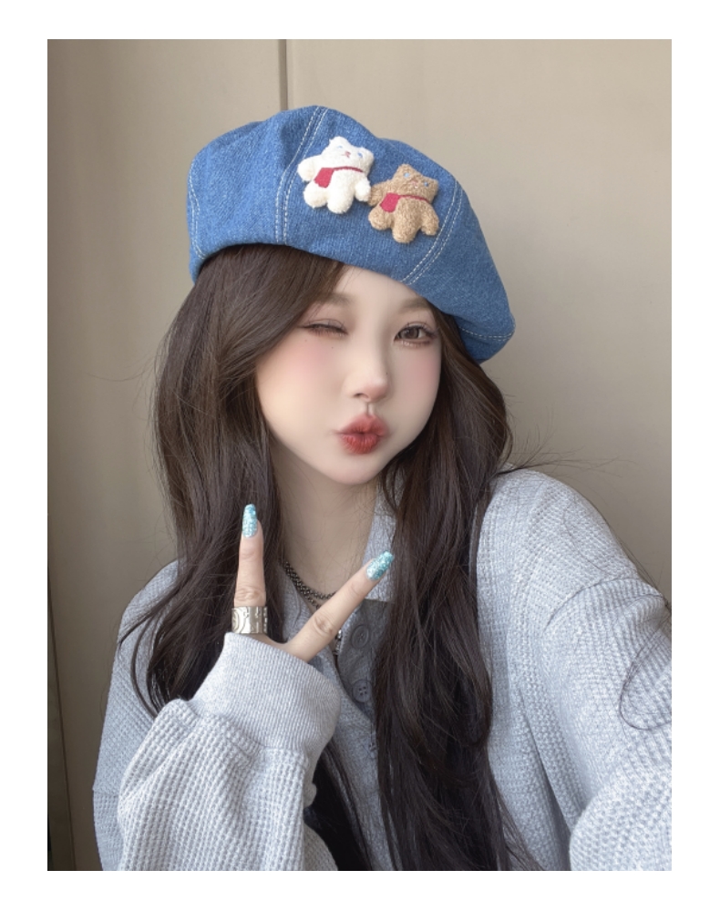 帽子 レディース くまちゃん飾り付きデニムベレー帽