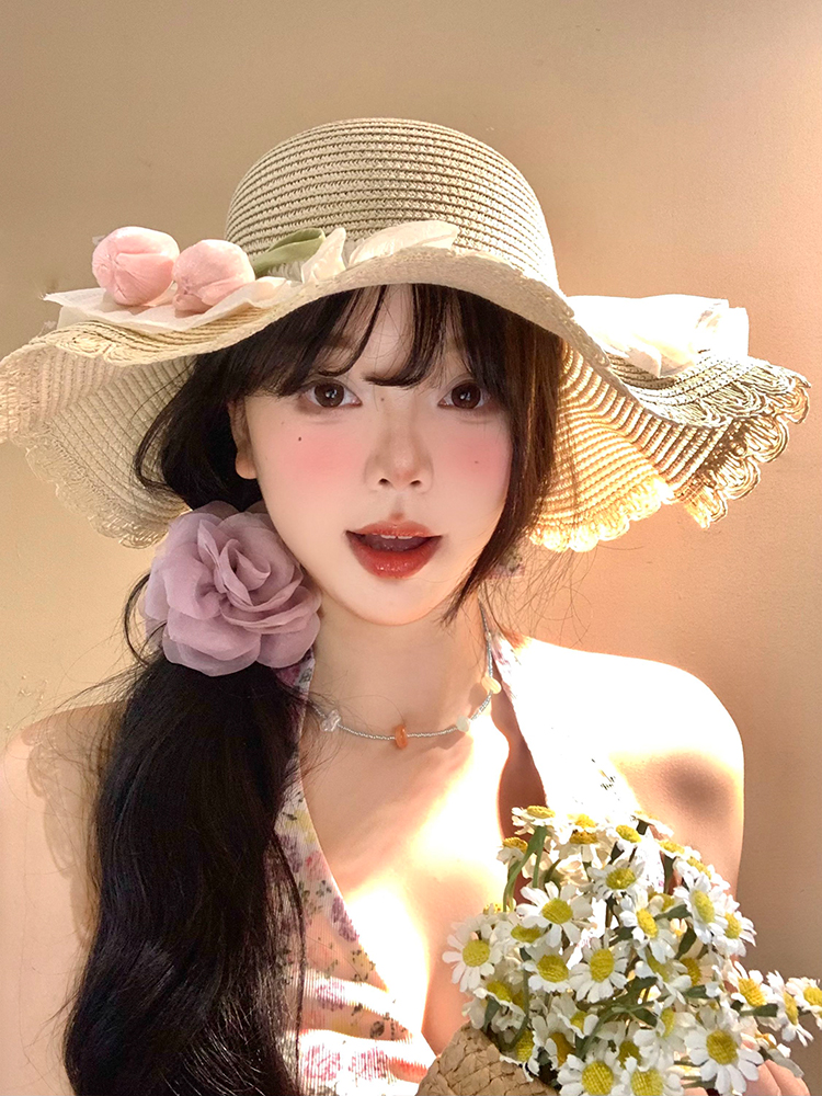 帽子 レディース 花モチーフつき　波縁麦わら帽子