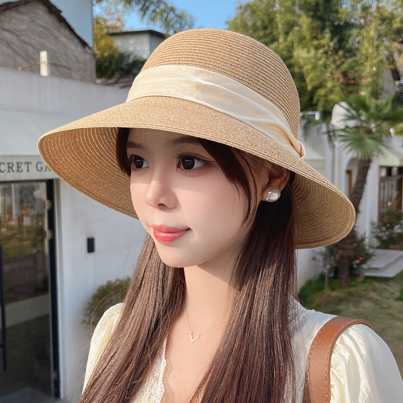 帽子 レディース 上品リボン付きつば広麦わらハット