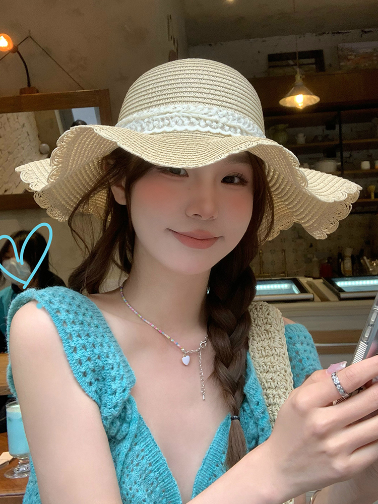帽子 レディース 波模様レース飾り麦わら帽子