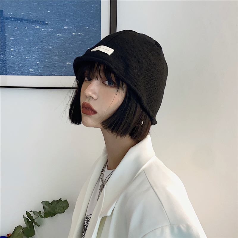 帽子 レディース　レトロ シンプルラベル付きニット素材　バケットハット