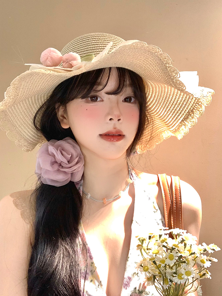 帽子 レディース 花モチーフつき　波縁麦わら帽子
