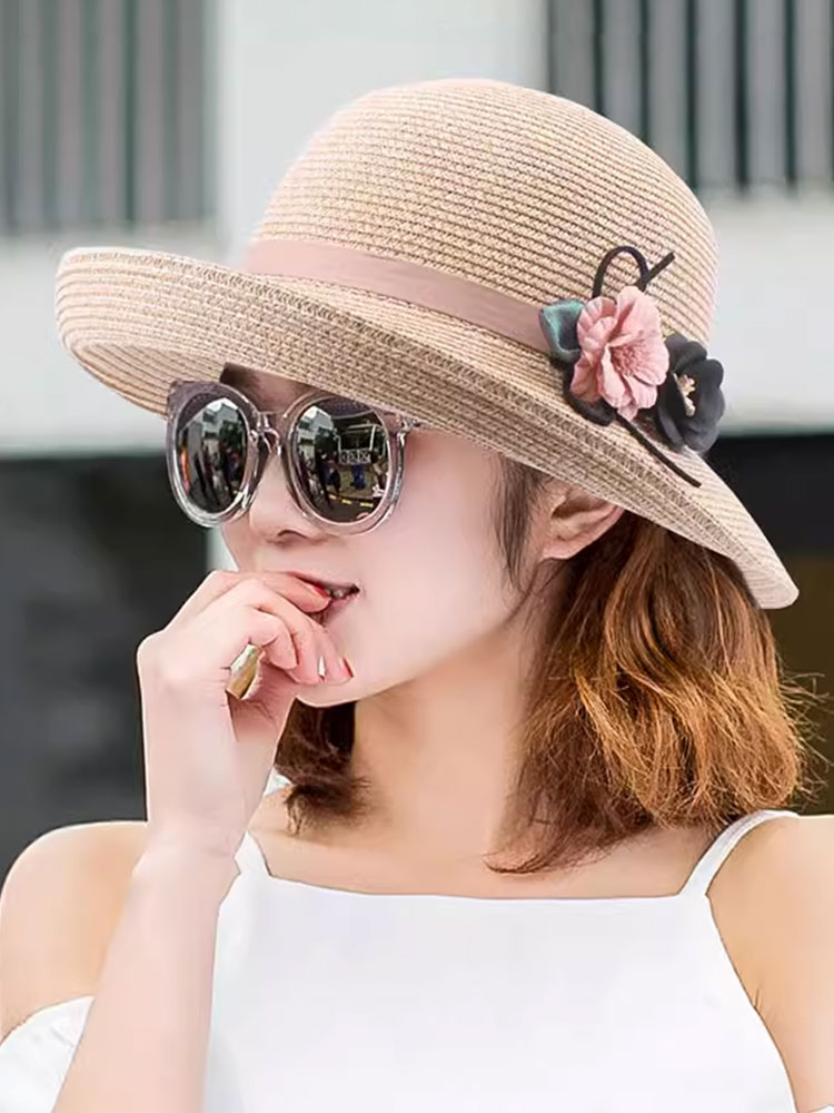 帽子 レディース 花飾り付き　優美つば広麦わら帽子