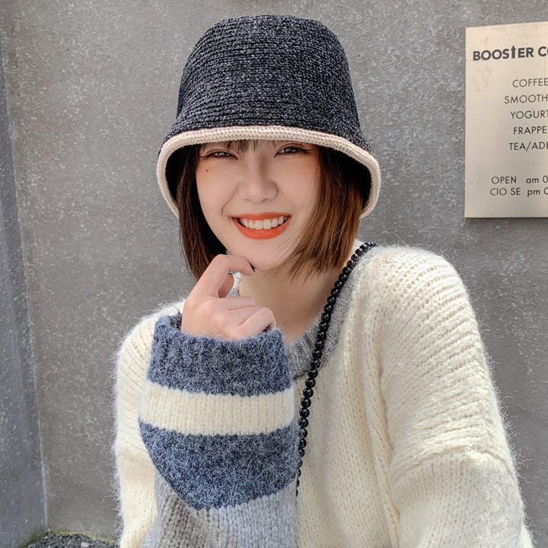 帽子 レディース 編み込み風配色縁取りバケット型帽子