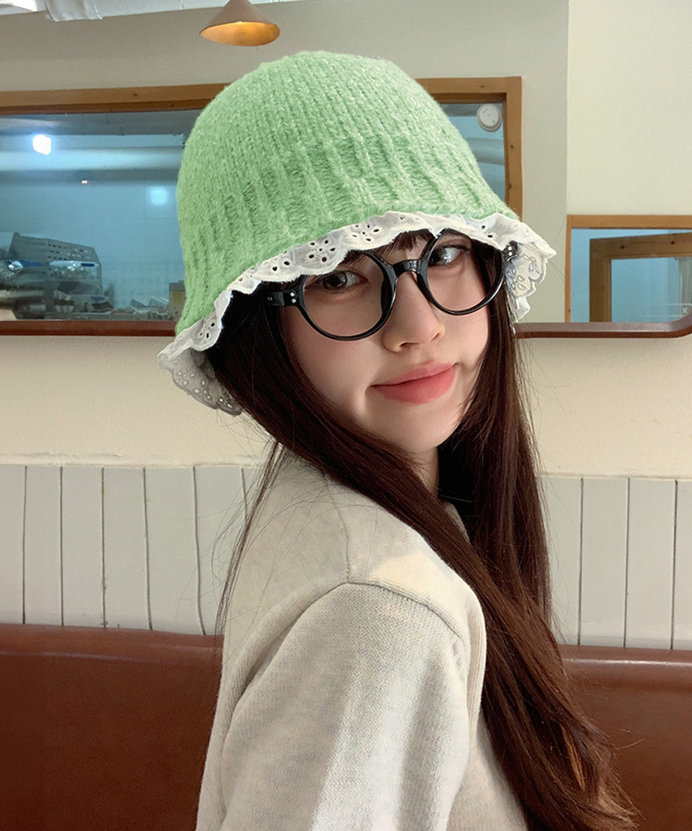 帽子 レディース レース付きニットバケットハット