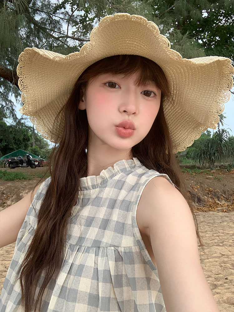 帽子 レディース 波型フリル麦わら帽子