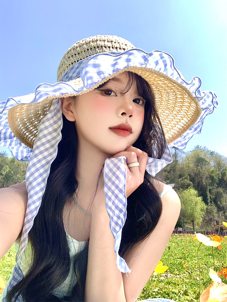 帽子 レディース フリルリボン付き麦わら帽子