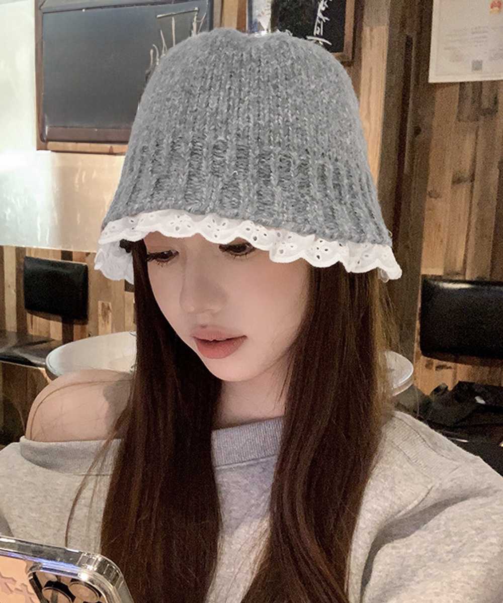 帽子 レディース レース付きニットバケットハット