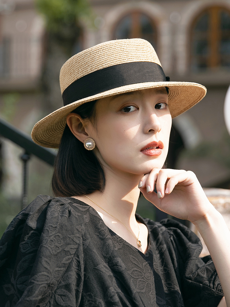 帽子 レディース クラシカル　平つば麦わら帽子