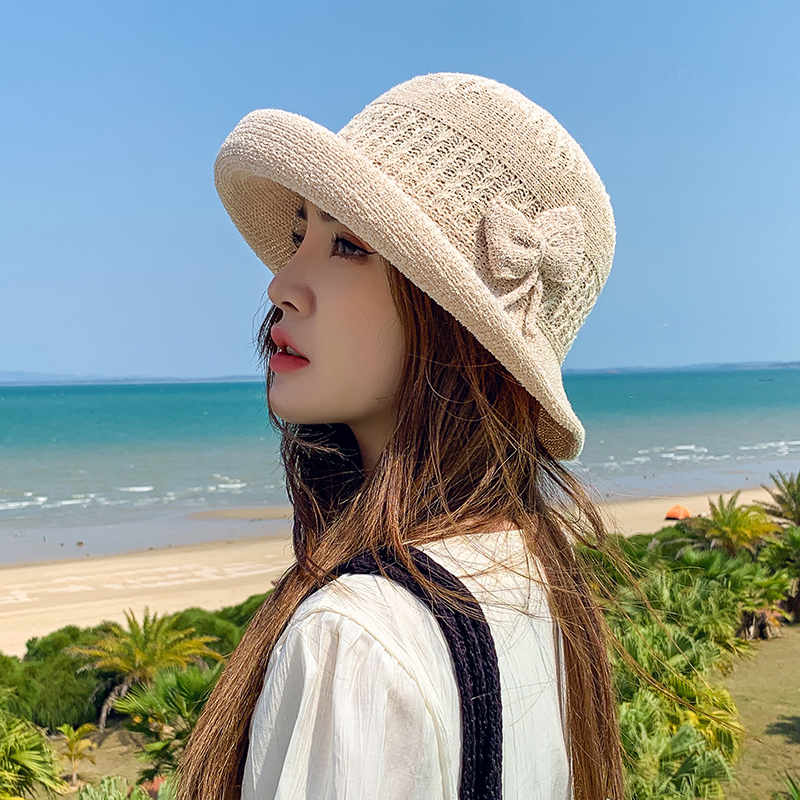 帽子 レディース リボン付き透かし編み麦わら帽子