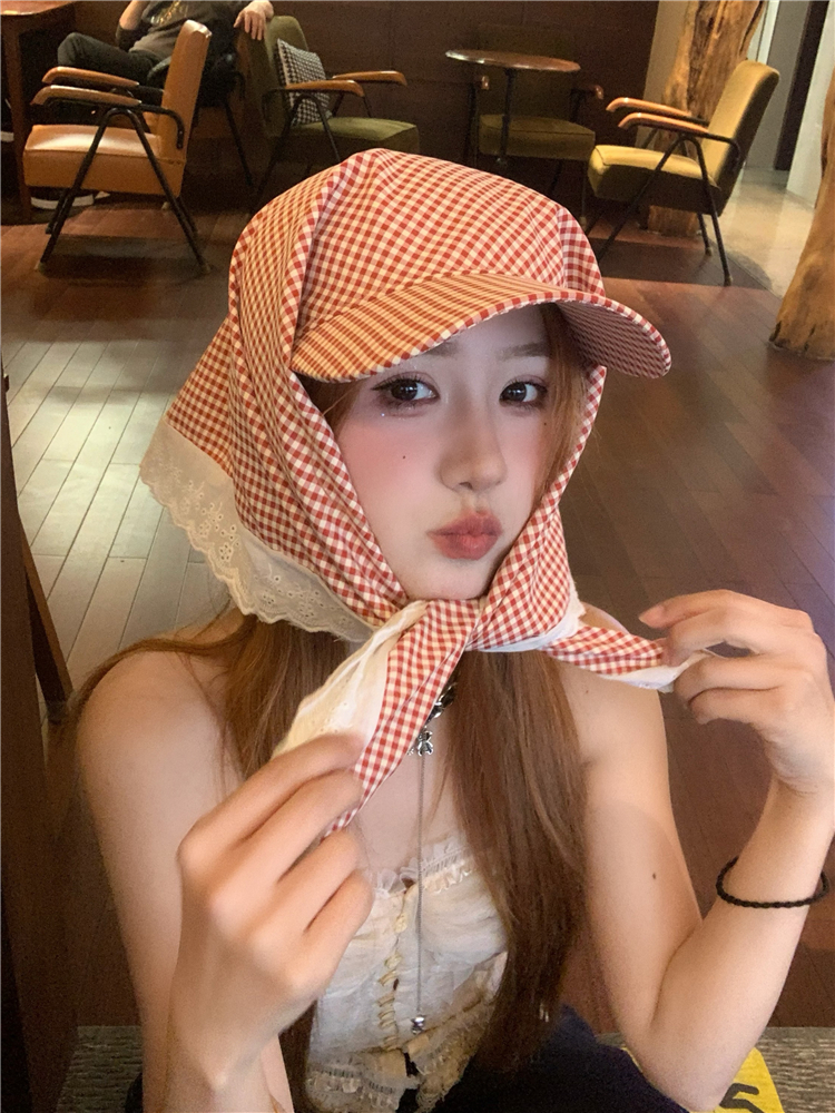 アウトドア　帽子 格子柄スカーフ付きキャップ
