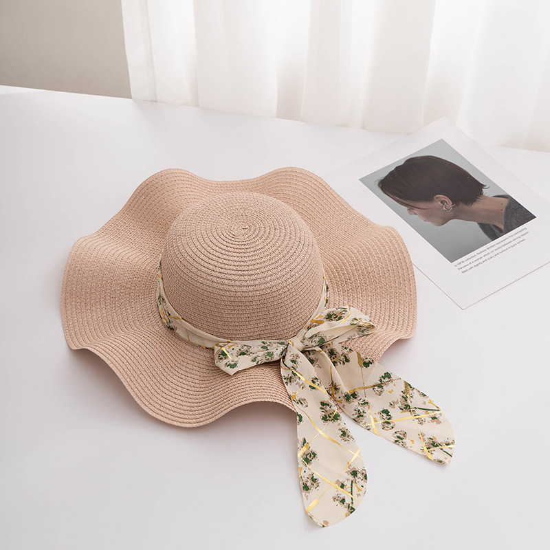 アウトドア　帽子 夏新作 花柄リボン付き女性用つば広帽子