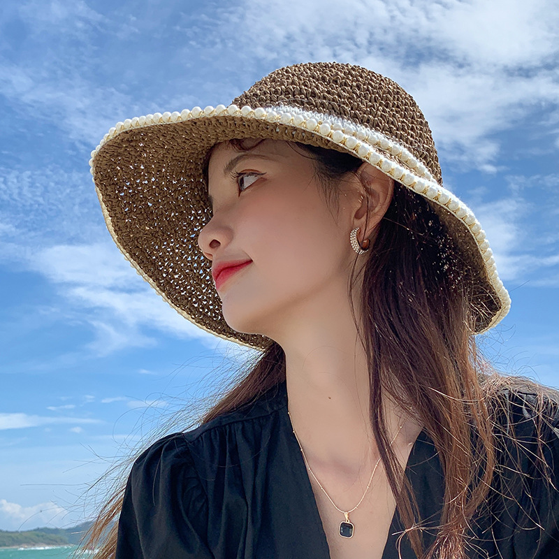 アウトドア　帽子 麦わら帽子 つば広 日よけ 夏 女性用 白縁取り装飾 草編み