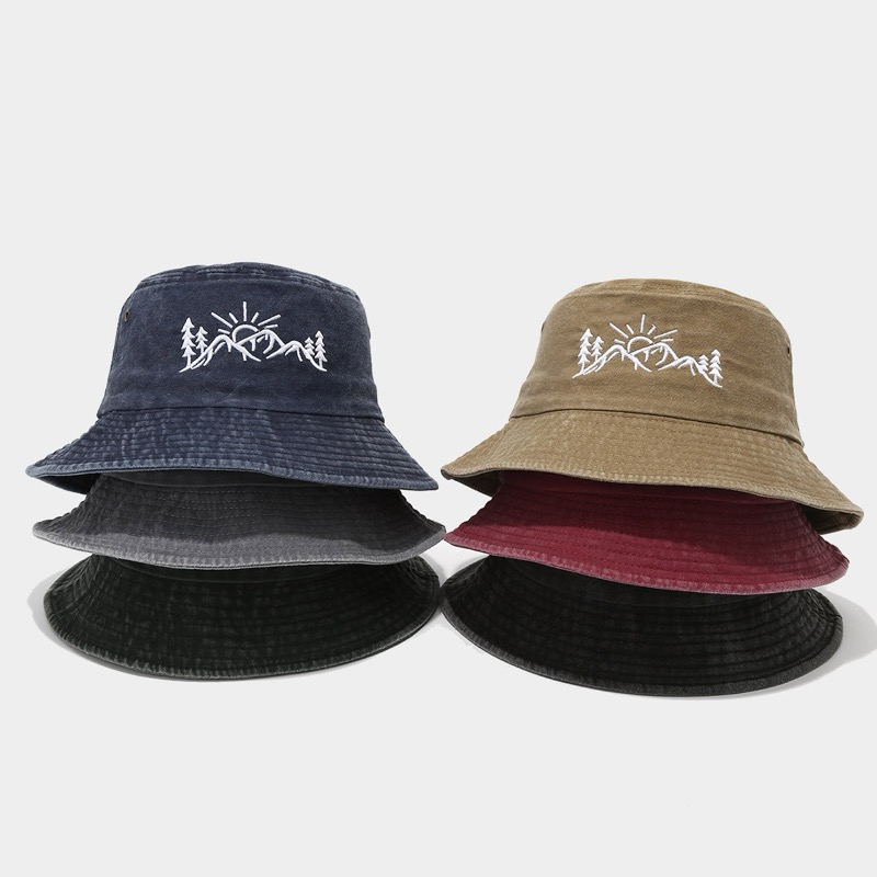 アウトドア　帽子 山と太陽刺繍バケットハット アウトドア帽子 女性用