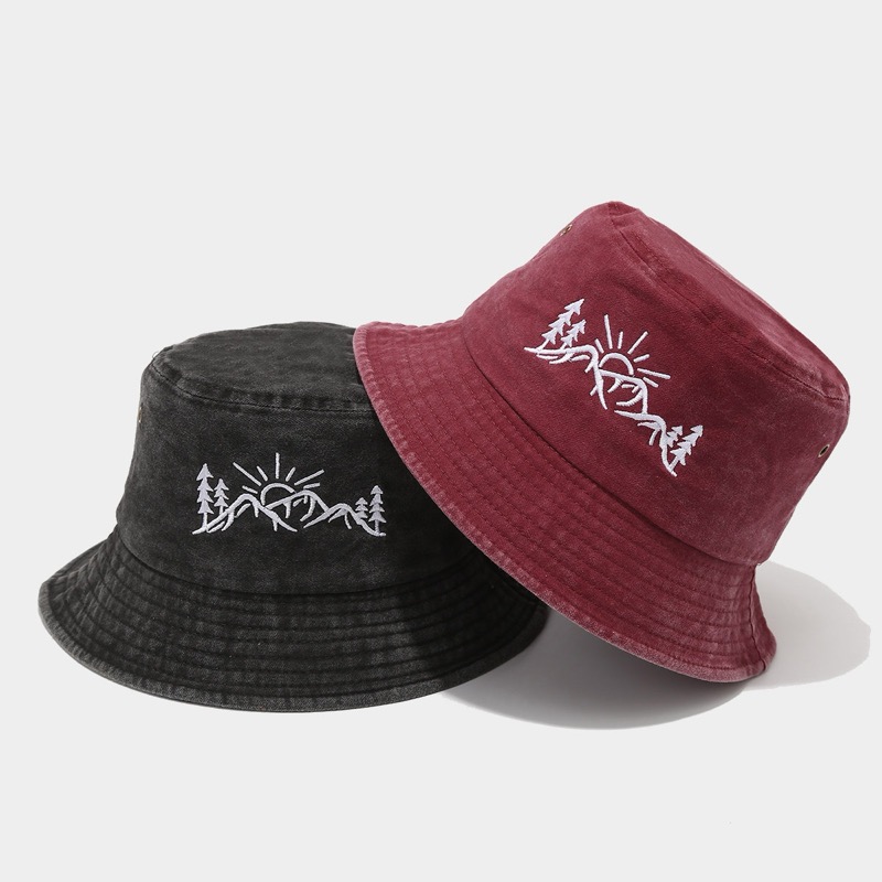 アウトドア　帽子 山と太陽刺繍バケットハット アウトドア帽子 女性用