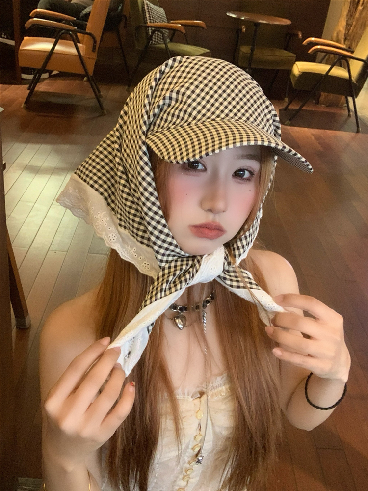 アウトドア　帽子 格子柄スカーフ付きキャップ