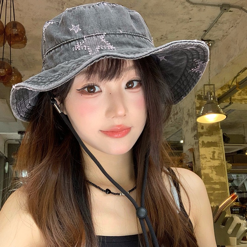 アウトドア　帽子 水洗い加工デニム帽子 女性用 幅広つば 紫外線対策 登山用