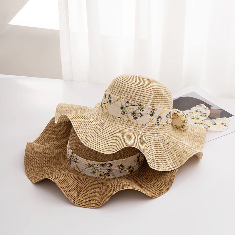 アウトドア　帽子 夏新作 花柄リボン付き女性用つば広帽子