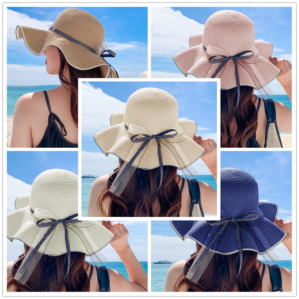 アウトドア　帽子 夏の紫外線対策麦わら帽子　つば広リボン付き日よけハット
