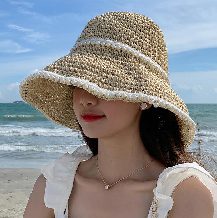 アウトドア　帽子 麦わら帽子 つば広 日よけ 夏 女性用 白縁取り装飾 草編み
