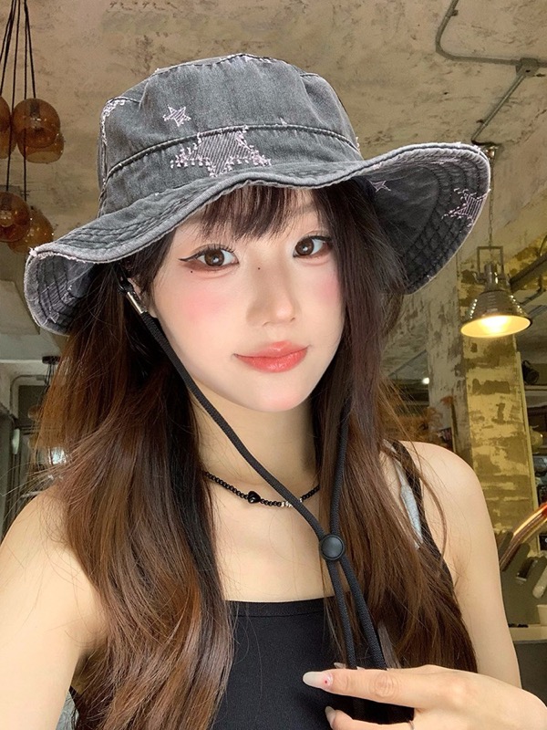 アウトドア　帽子 水洗い加工デニム帽子 女性用 幅広つば 紫外線対策 登山用