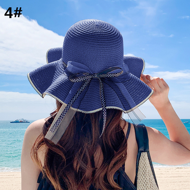 アウトドア　帽子 夏の紫外線対策麦わら帽子　つば広リボン付き日よけハット