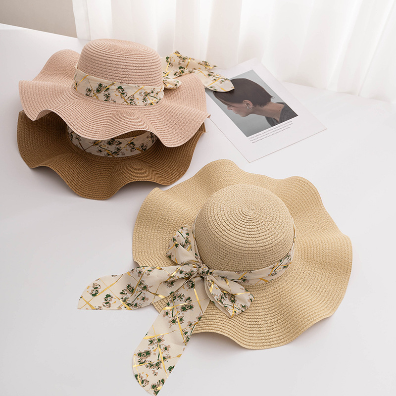 アウトドア　帽子 夏新作 花柄リボン付き女性用つば広帽子