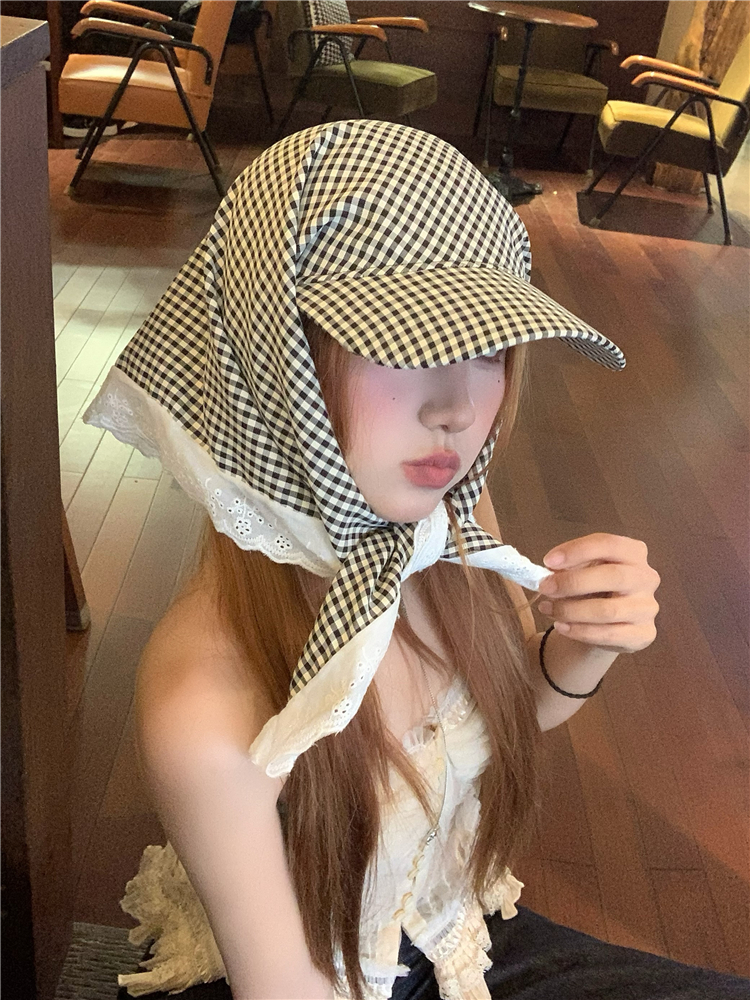 アウトドア　帽子 格子柄スカーフ付きキャップ