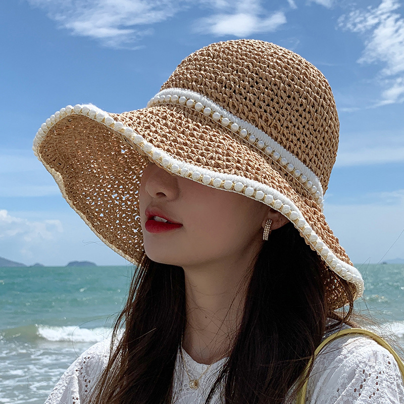 アウトドア　帽子 麦わら帽子 つば広 日よけ 夏 女性用 白縁取り装飾 草編み