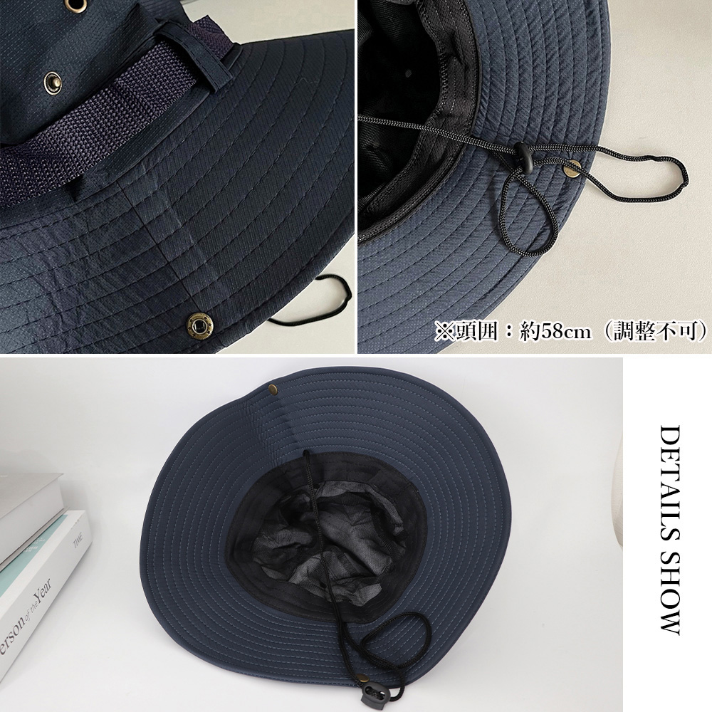 アウトドア　帽子 つば広サファリハット レディース あご紐付き 日よけ帽子