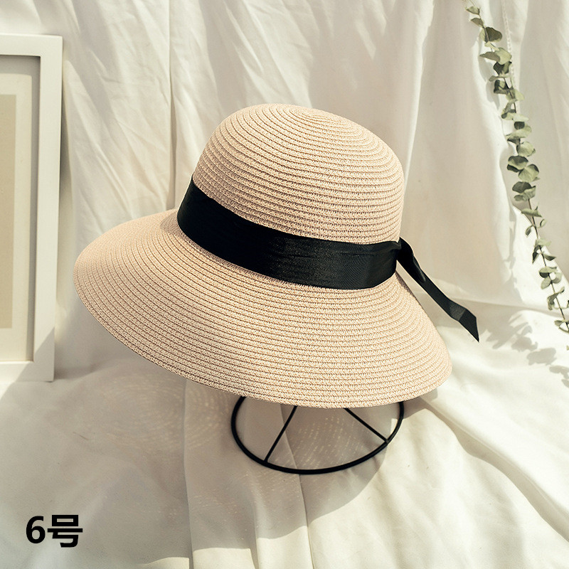 アウトドア　帽子 麦わら帽子 夏の日よけ草編みハット 黒リボン付き