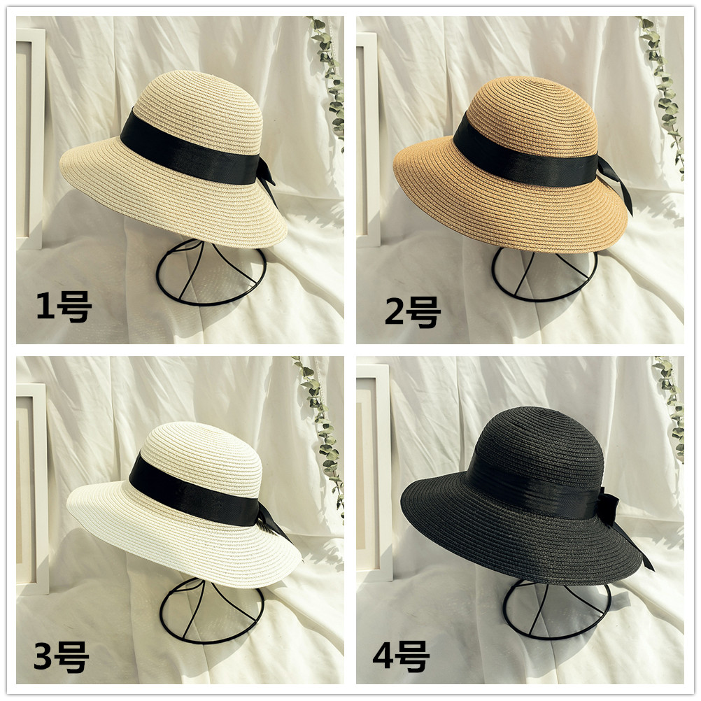 アウトドア　帽子 麦わら帽子 夏の日よけ草編みハット 黒リボン付き