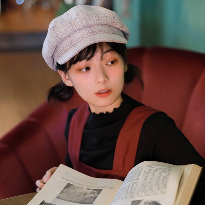 ハット 上品な格子柄ウール素材のつば付き帽子