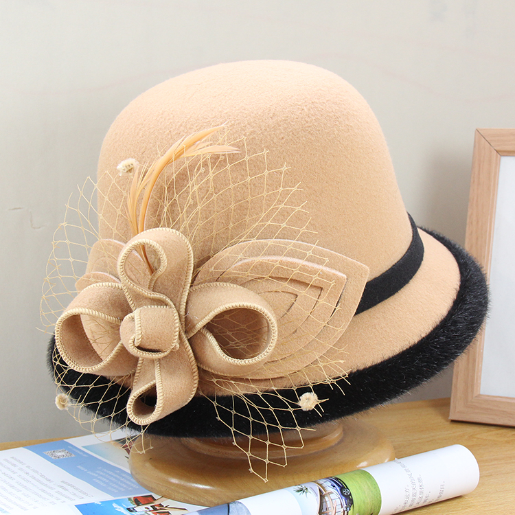 ハット 花飾りとベール付き上品なウール帽子