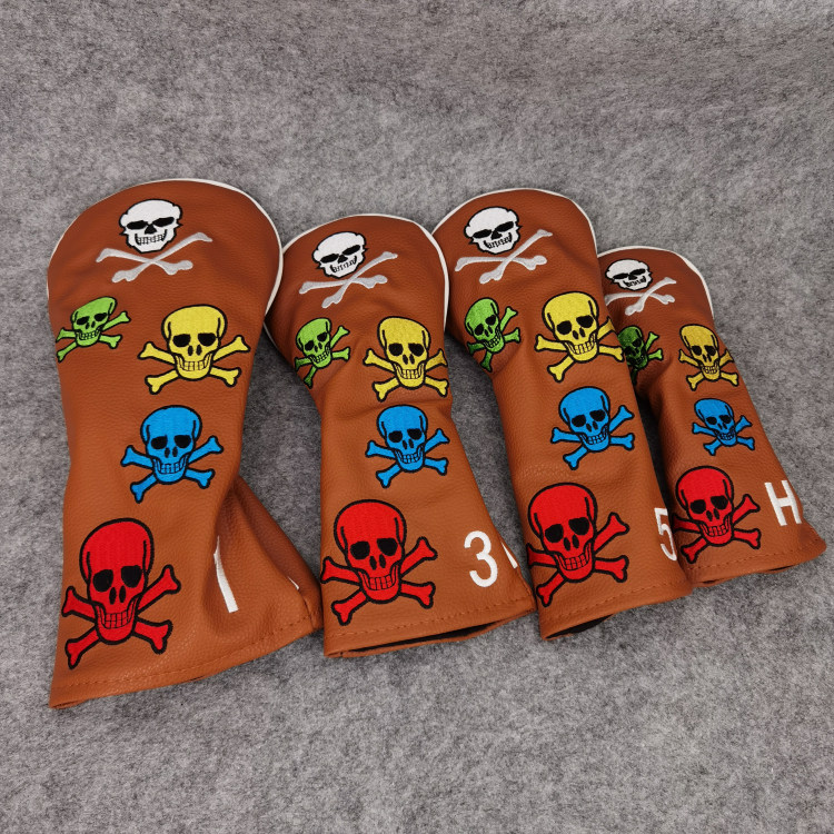 ヘッドカバー 髑髏模様合成皮革製番号付きウッドカバー