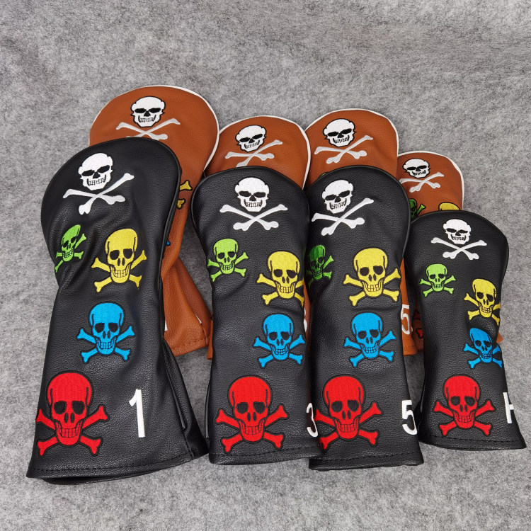 ヘッドカバー 髑髏模様合成皮革製番号付きウッドカバー