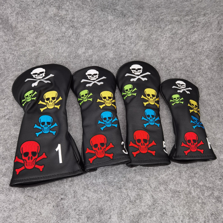 ヘッドカバー 髑髏模様合成皮革製番号付きウッドカバー